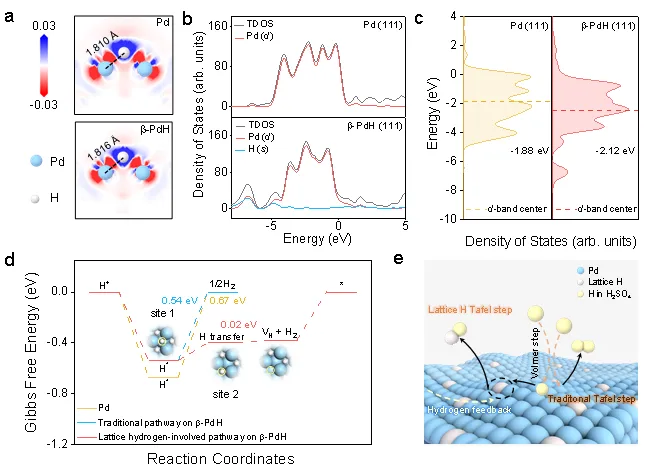 图5：DFT计算。a H*吸附在Pd（111）和β-PdH(111)（位点2）上后，沿平面通过Pd-H键的切片的二维电子密度差。红色和蓝色分别代表电子的耗尽和积累。Pd（111）和β-PdH（111）的Pd 3d轨道的b 总PDOS图和c PDOS图。d 通过不同的反应途径，在Pd（111）和β-PdH（111）上的HER吉布斯自由能。e β-PdHene气凝胶的晶格氢参与机理示意图。