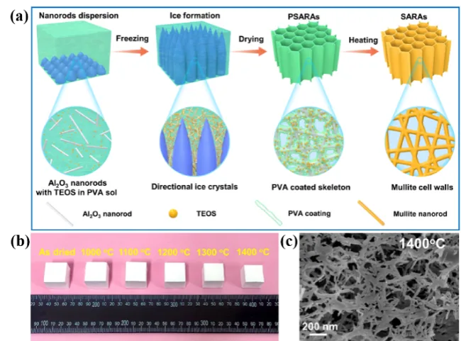 图6. (a) Si掺杂Al₂O₃纳米棒气凝胶制备示意图；（b） Si掺杂Al₂O₃纳米棒气凝胶在干燥后和在不同温度下处理后的照片；（c） Si掺杂Al₂O₃纳米棒气凝胶在1400 ℃下的SEM图像。